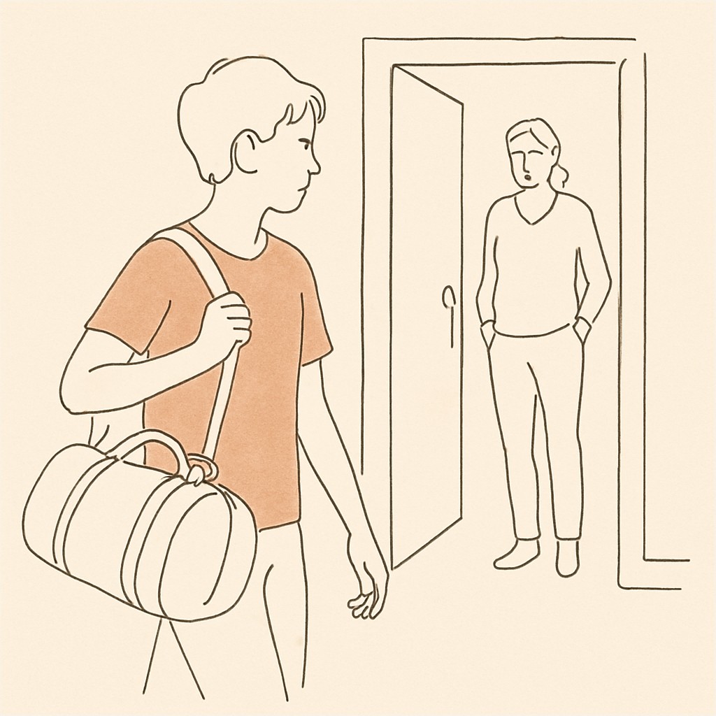 Line art of a teen with a sports bag at the front door, parent in the hallway
