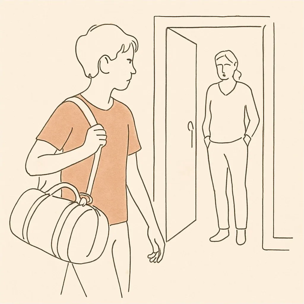 Line art of a teen with a sports bag at the front door, parent in the hallway