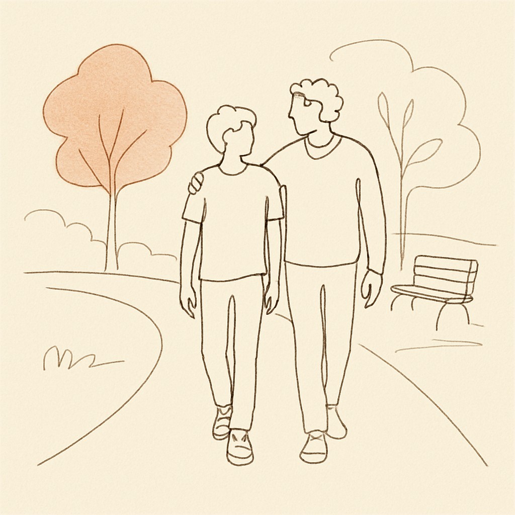 Line art of a teen and parent walking in a quiet park, late afternoon light