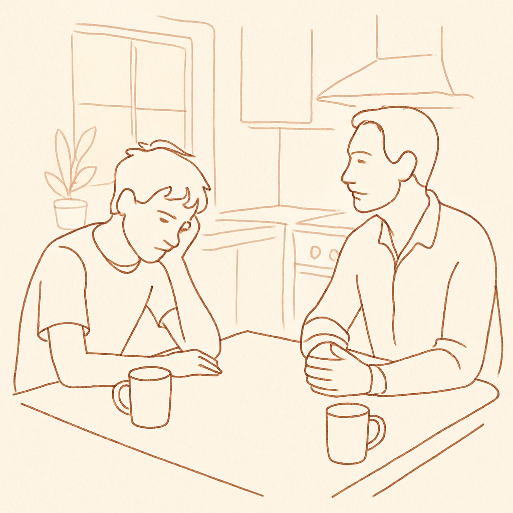 Line art of a teen at a kitchen table, parent sitting across, soft afternoon light