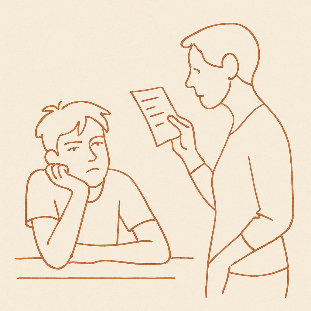 Line art of a teen leaning on a counter looking unimpressed, parent holding a list