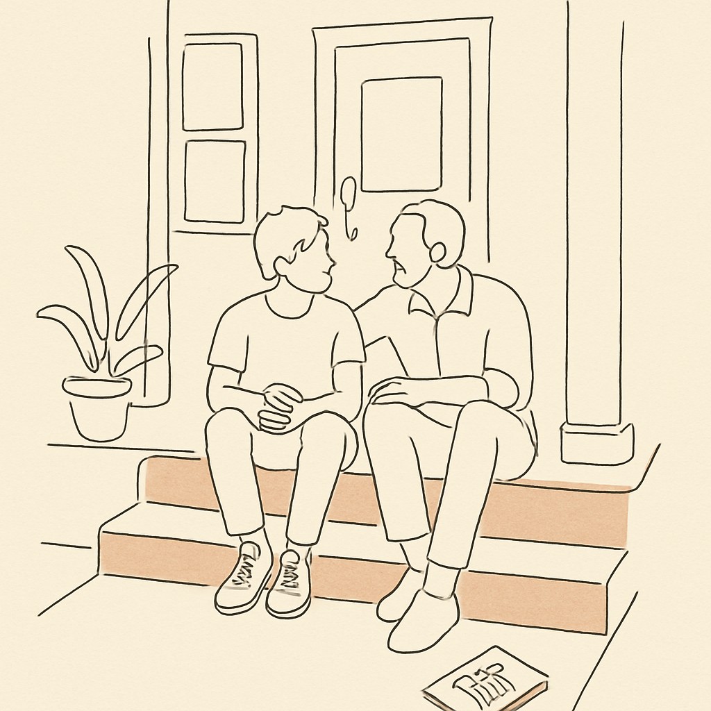Line art of a teen and parent on the porch of a house at dusk, a college brochure on the steps