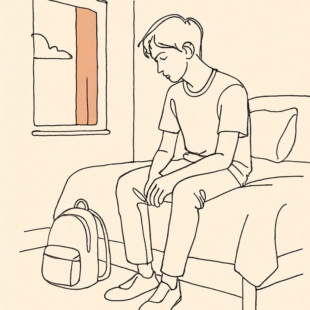 Line art of a teen sitting on the edge of a bed with a backpack on the floor, morning light through the window
