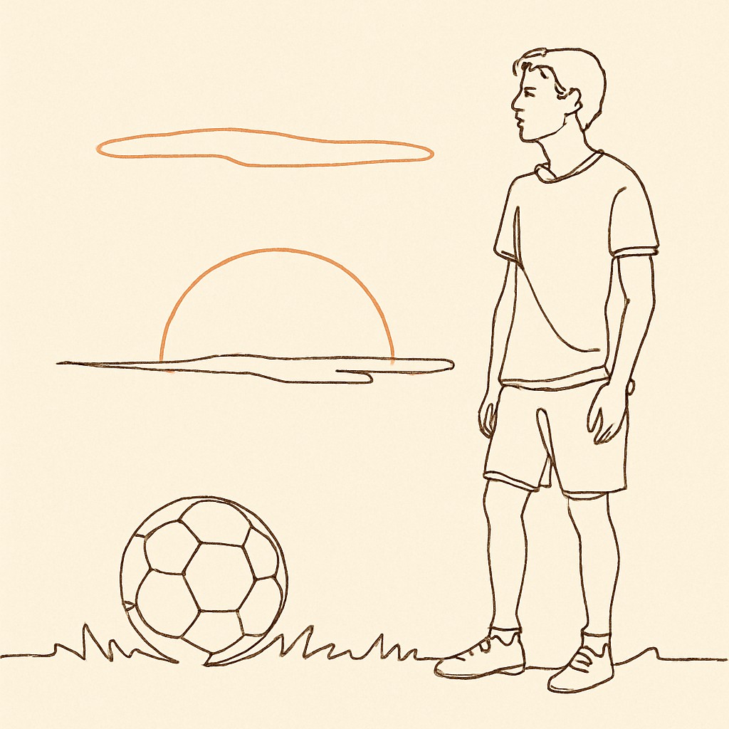 Line art of a soccer ball on the grass at sunset, a teen standing nearby looking off
