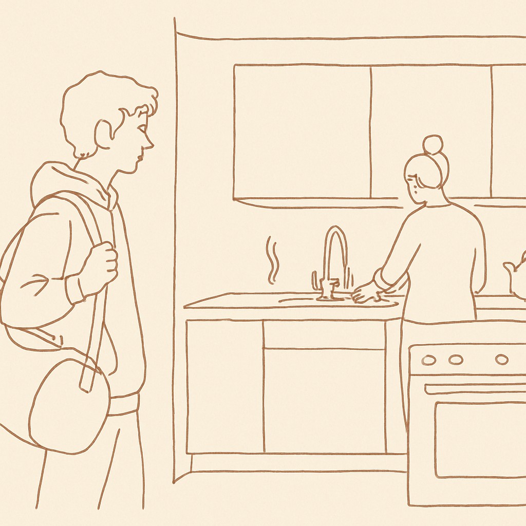 Line art of a teen with a duffel bag in the kitchen at evening, parent at the sink