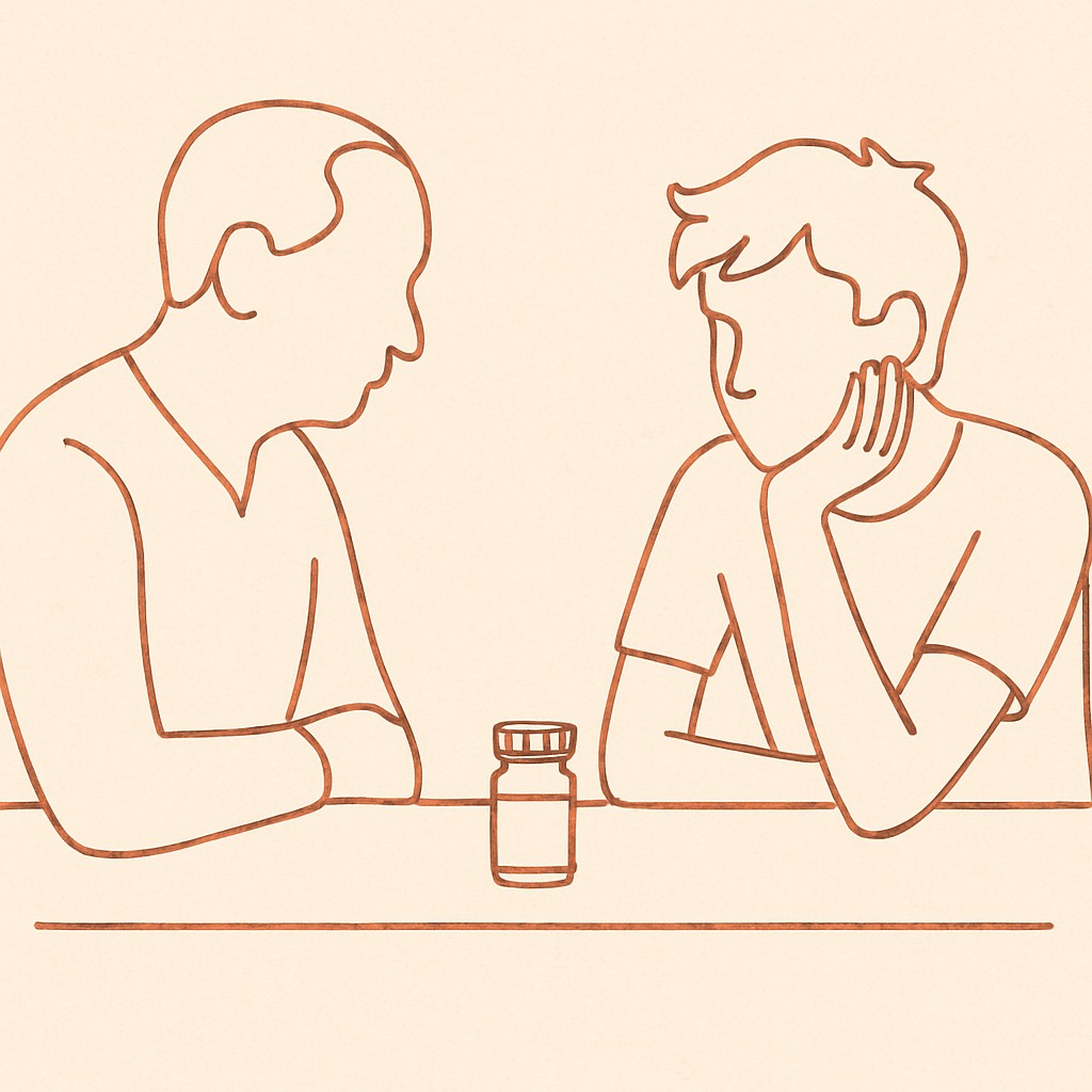 Line art of a small pill bottle on a kitchen counter, parent and teen on either side