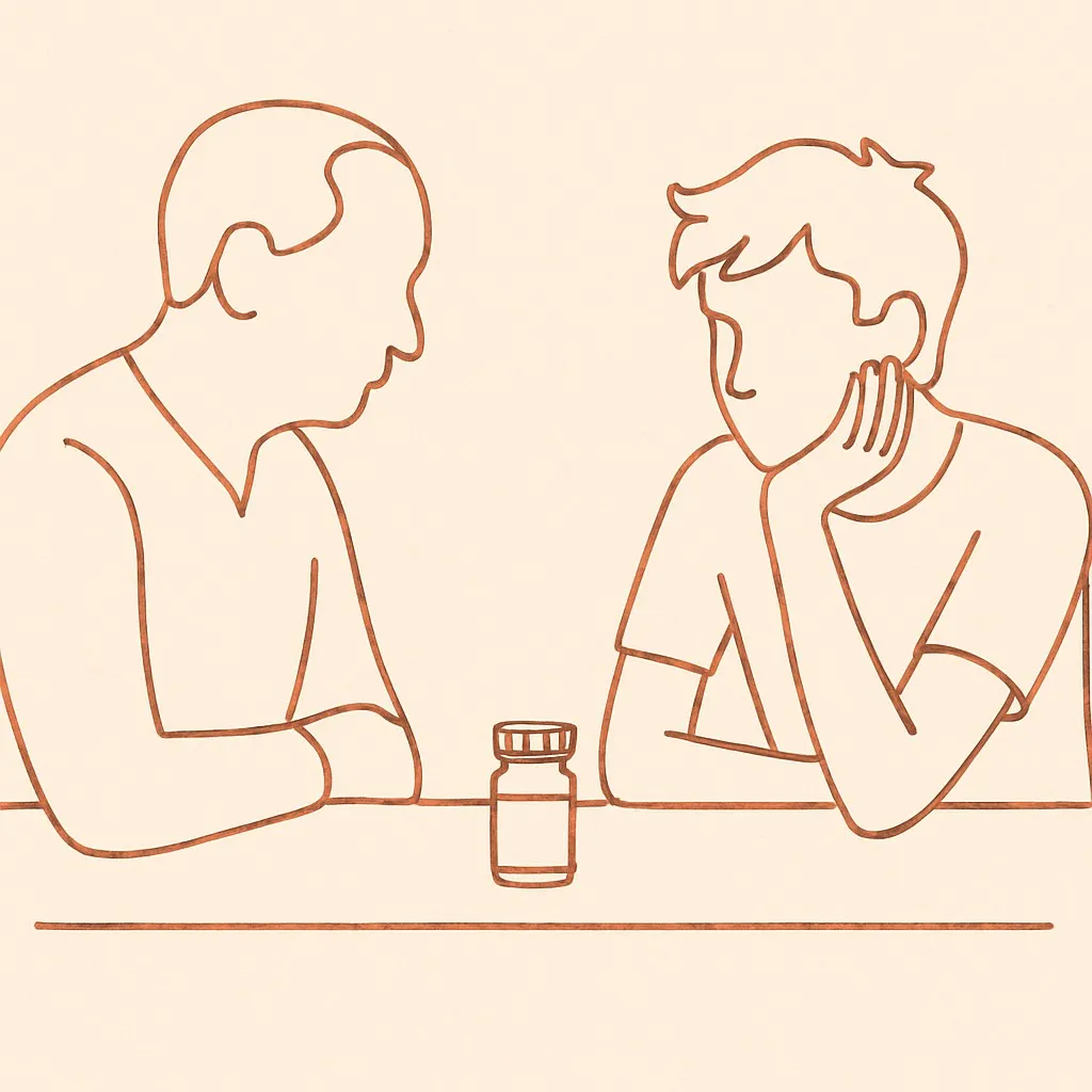 Line art of a small pill bottle on a kitchen counter, parent and teen on either side