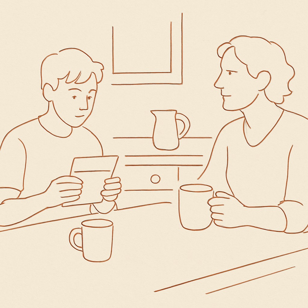 Line art of a teen with a learner's permit at a kitchen counter, parent across with a coffee cup
