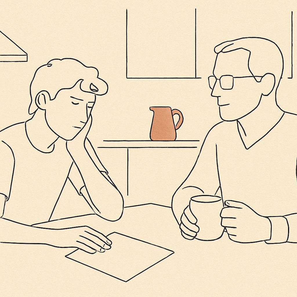 Line art of a teen at a kitchen table with a paper face-down, parent across with a coffee cup