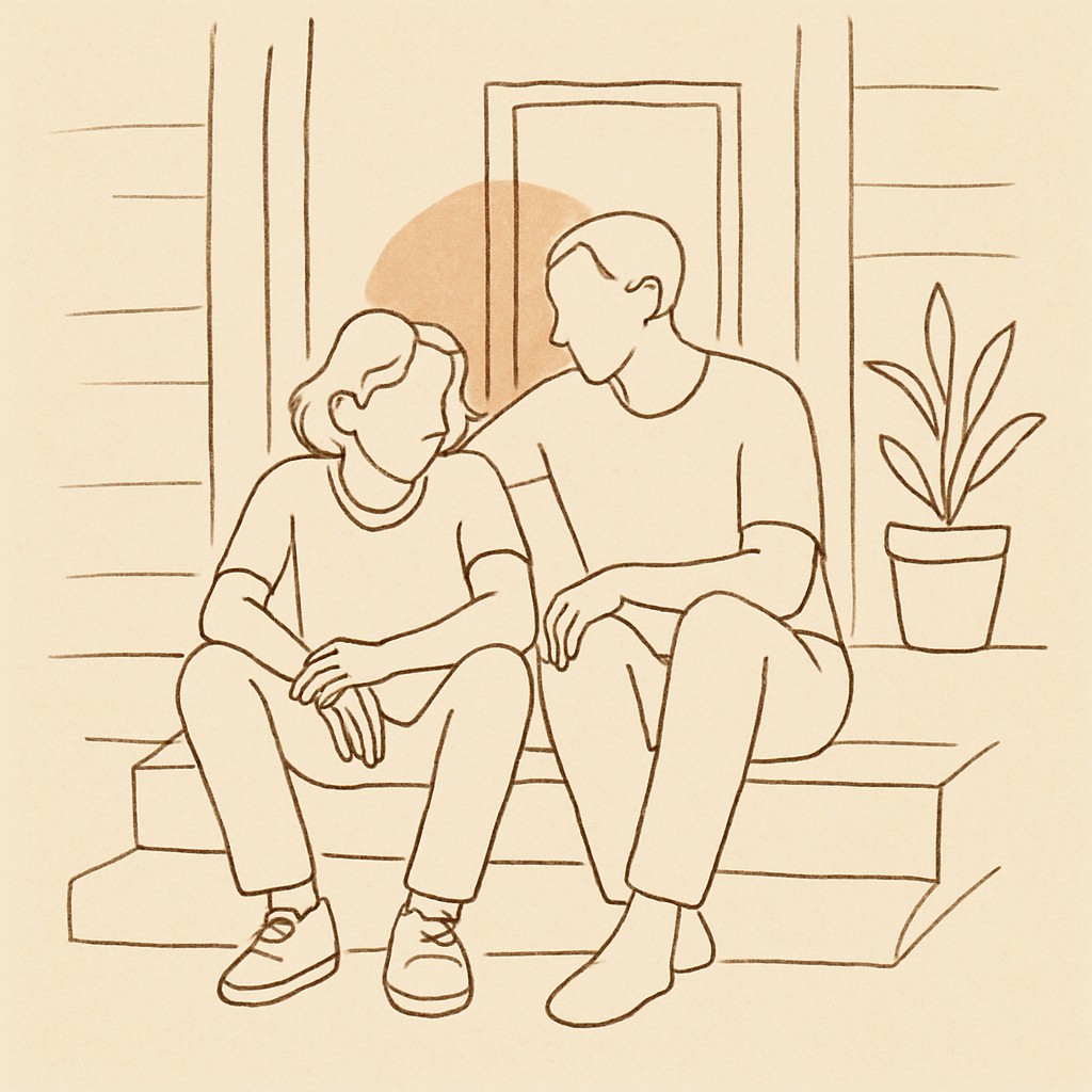 Line art of a teen and parent on a porch step at dusk, soft warm light