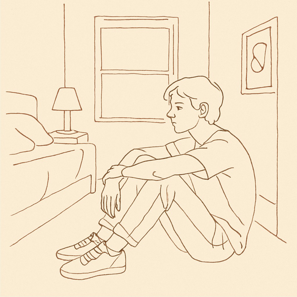 Line art of a teen sitting on a bedroom floor staring at nothing, dim afternoon light