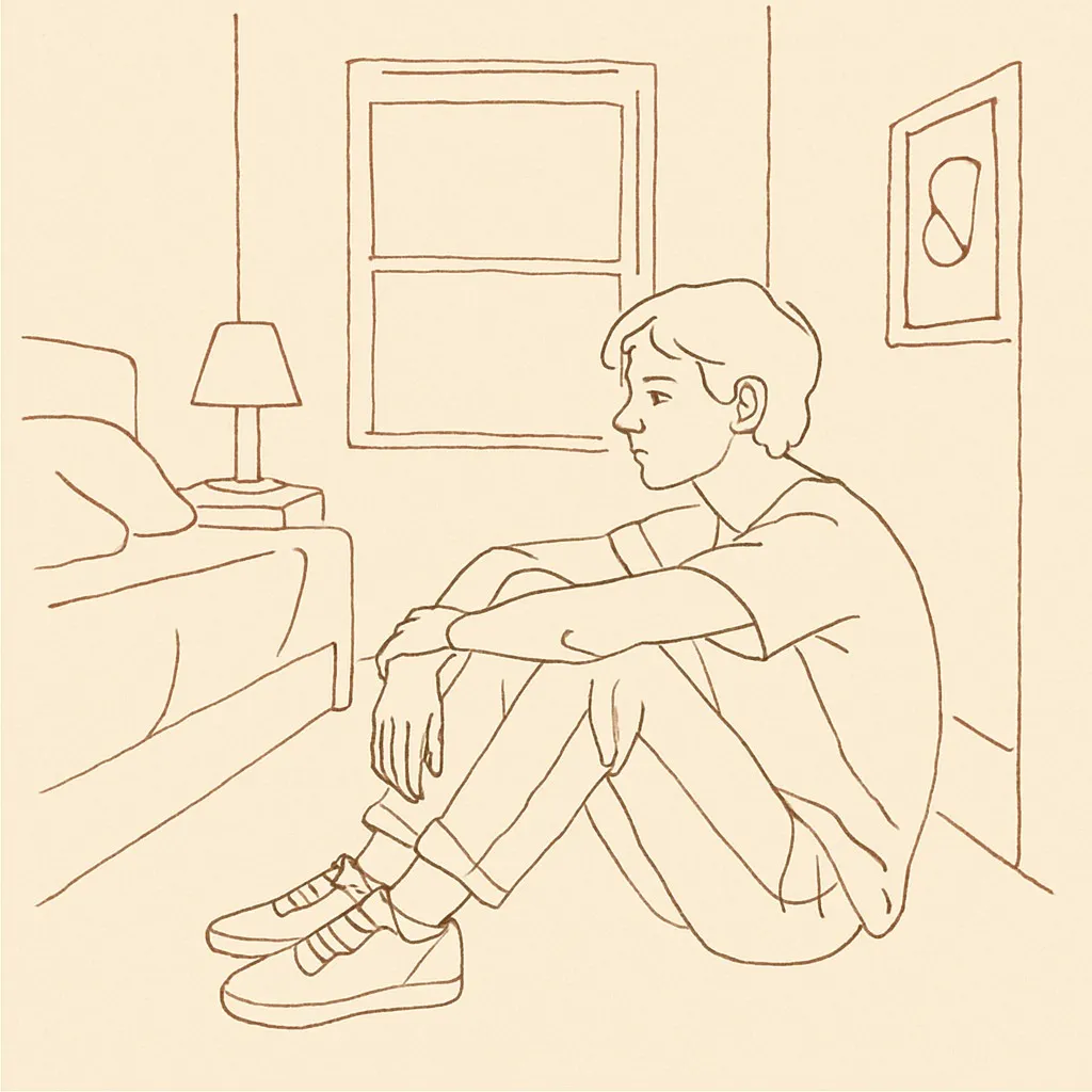 Line art of a teen sitting on a bedroom floor staring at nothing, dim afternoon light