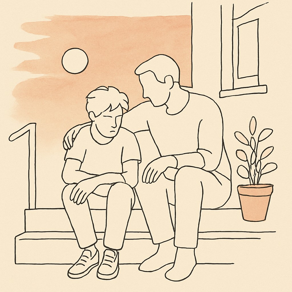 Line art of a teen and parent on a porch step at dusk, soft warm sky