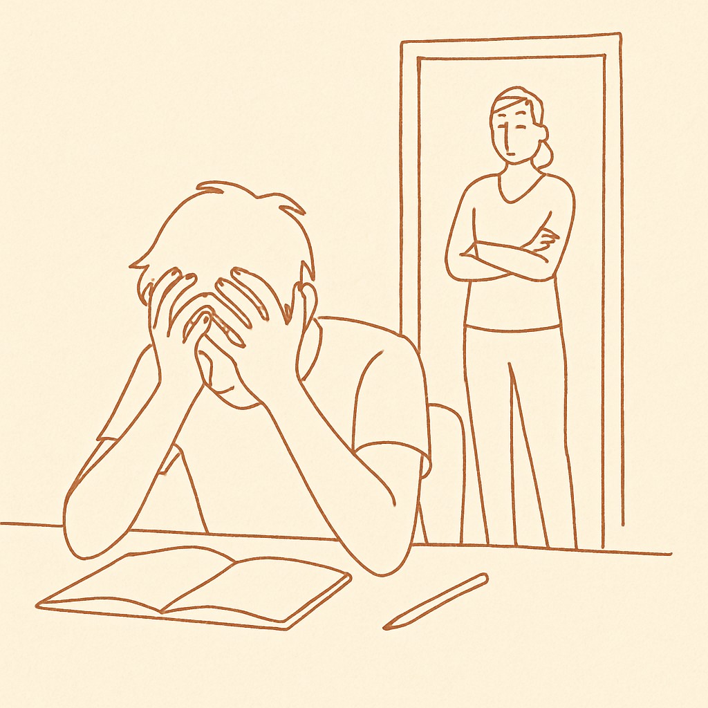 Line art of a teen at a desk with head in hands, parent in the doorway