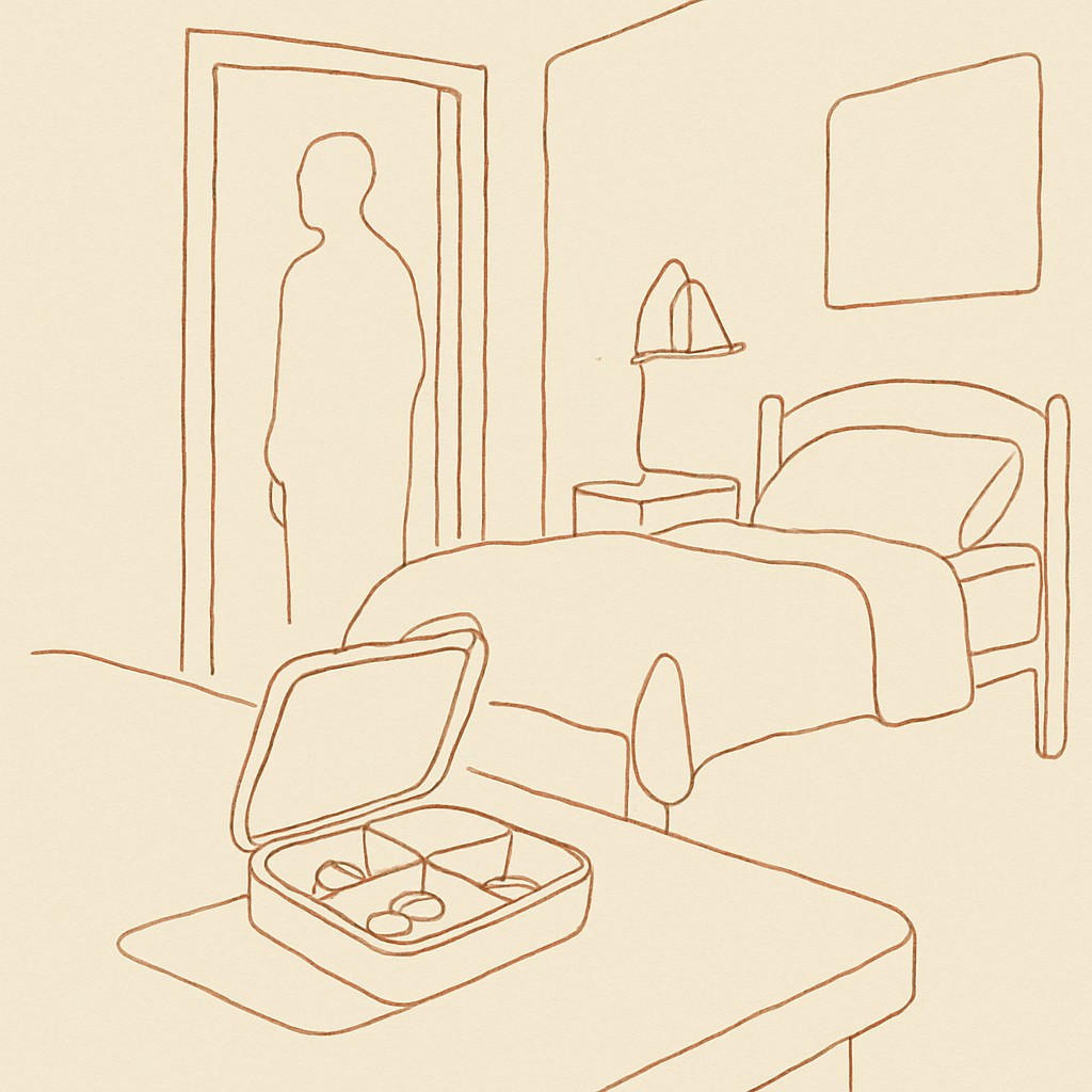 Line art of a small pill case on a desk in a dim teen bedroom, parent silhouette in the doorway