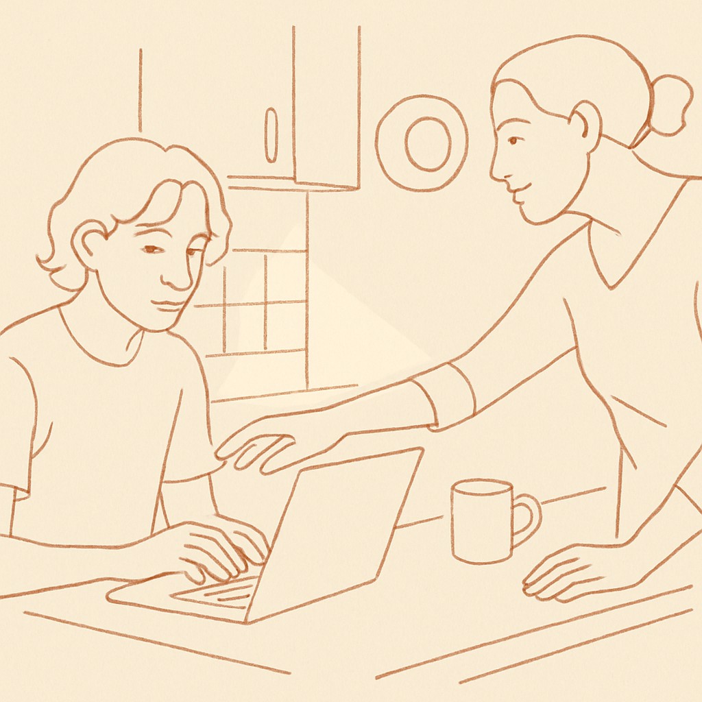 Line art of a teen at a kitchen counter with a laptop, parent reaching across, soft afternoon light