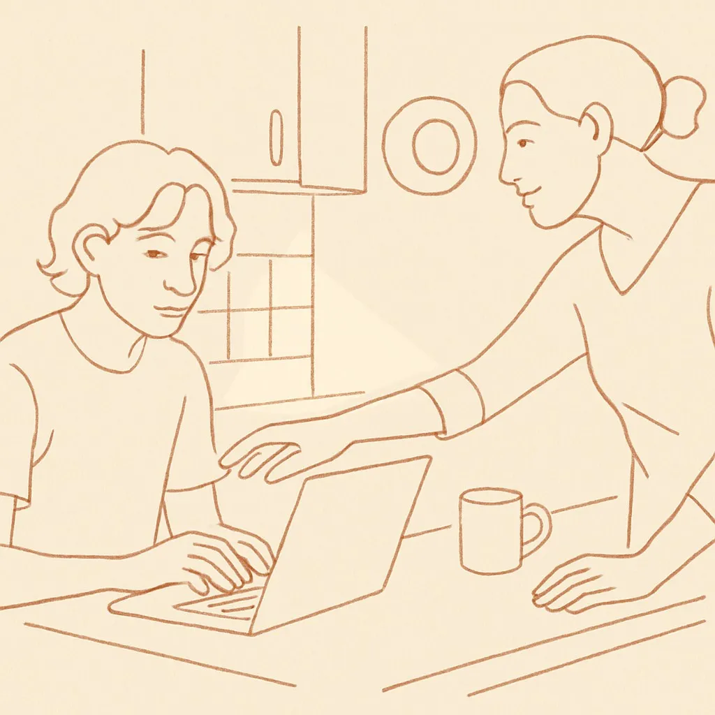 Line art of a teen at a kitchen counter with a laptop, parent reaching across, soft afternoon light