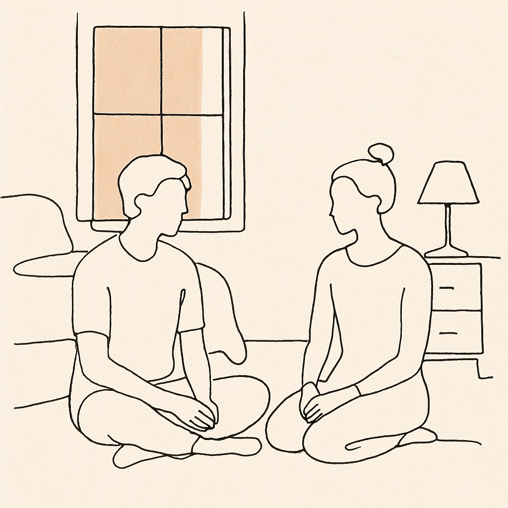 Line art of two figures sitting on a bedroom floor in soft window light, hands resting in laps
