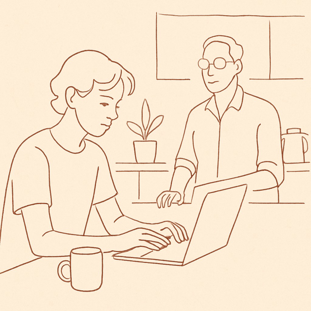 Line art of a teen at a kitchen counter with a laptop, parent on the other side