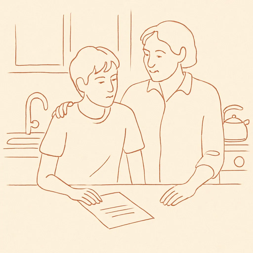 Line art of a teen and parent in a kitchen at midday, a school letter on the counter