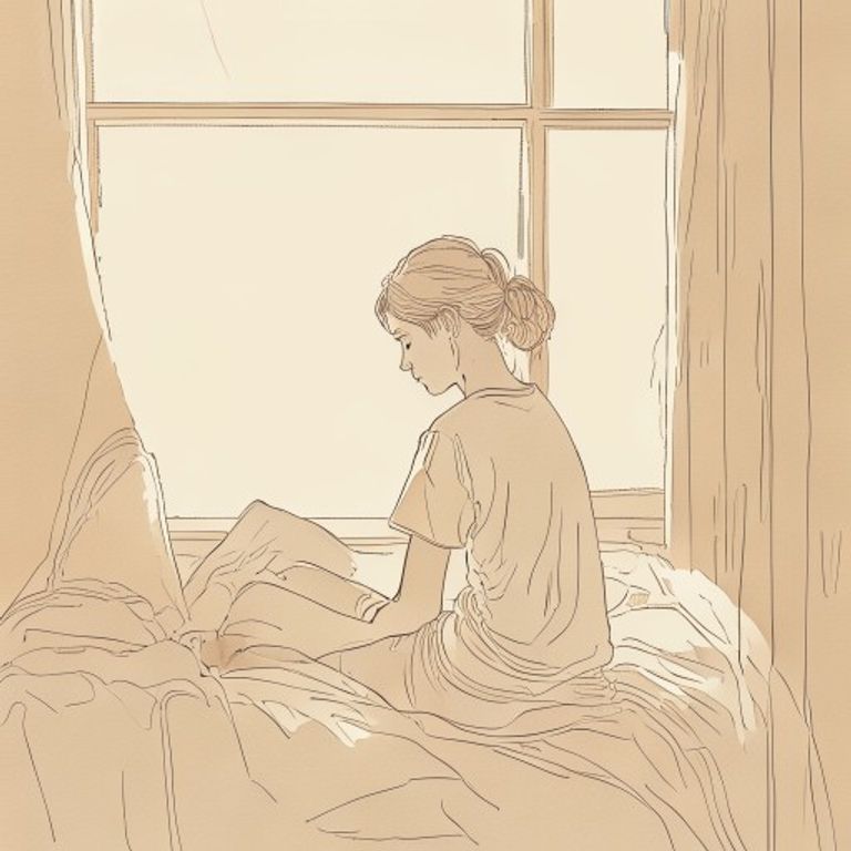 Line art of a teen sitting at the edge of a bed in soft window light, looking down
