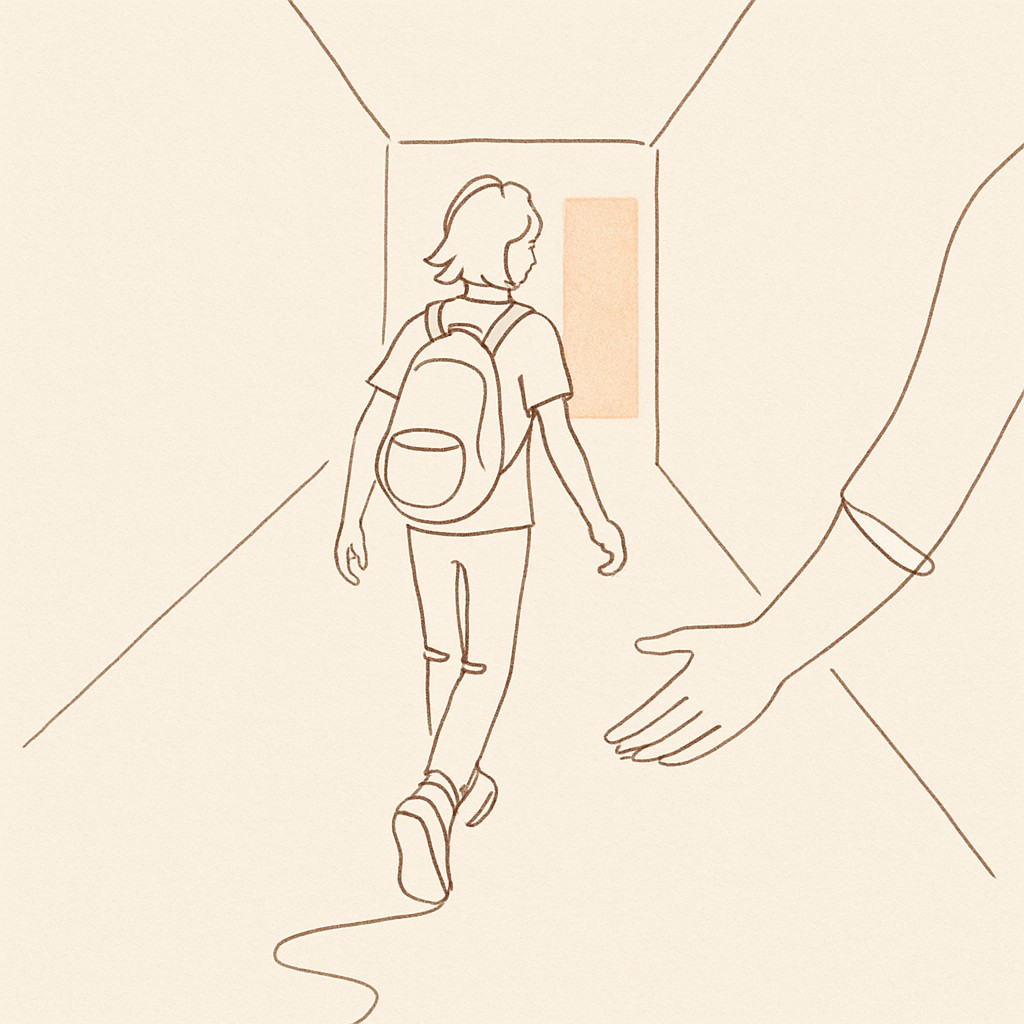 Line art of a teen mid-stride down a hallway, back to the parent, with a soft warm light at the end