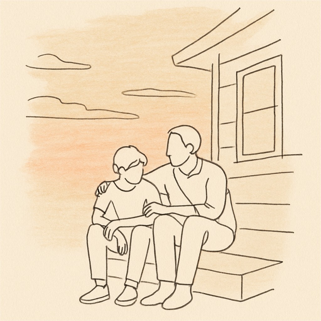 Line art of a teen and parent on a porch step at dusk, soft sky above