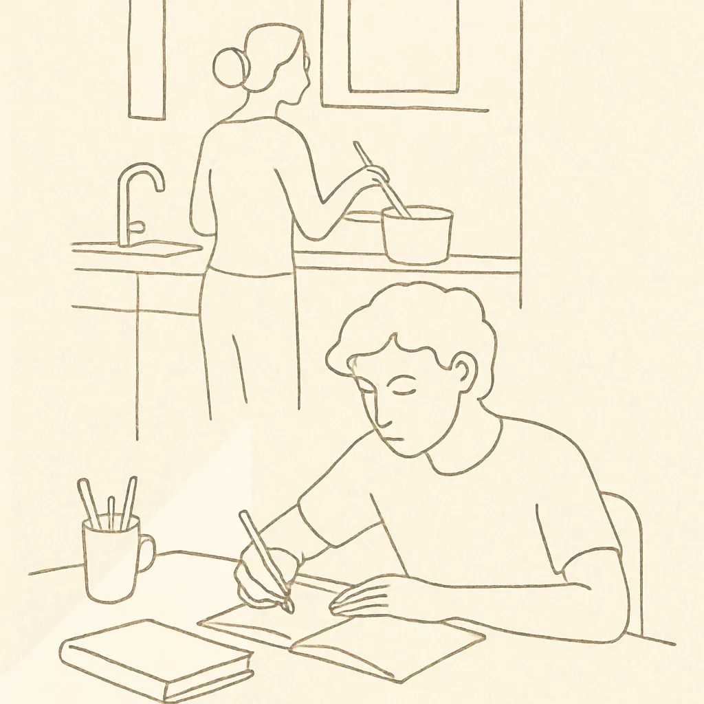 Line art of a teen at a desk in soft afternoon light, parent in the kitchen background