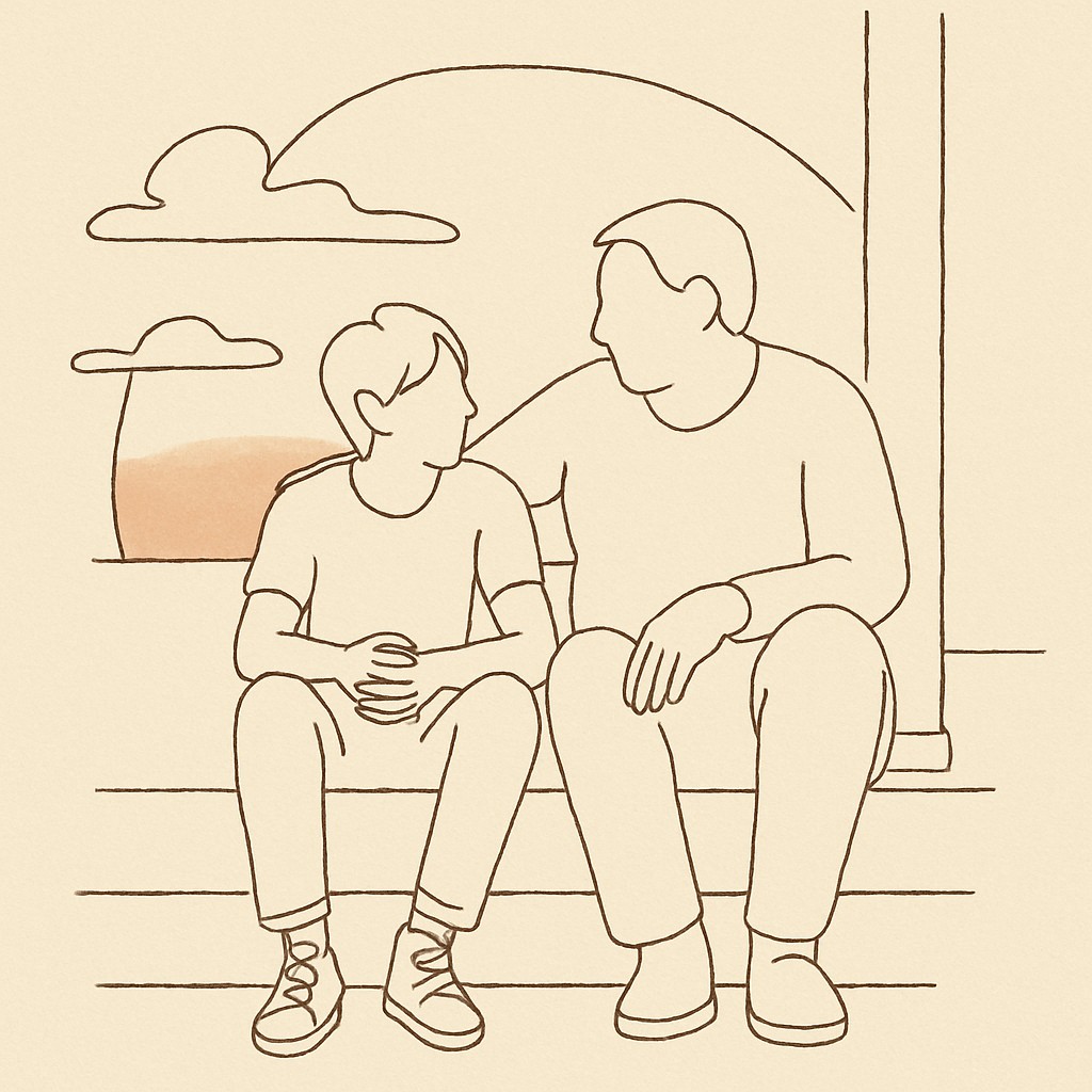 Line art of a teen and parent sitting on a porch step at dusk, soft warm sky
