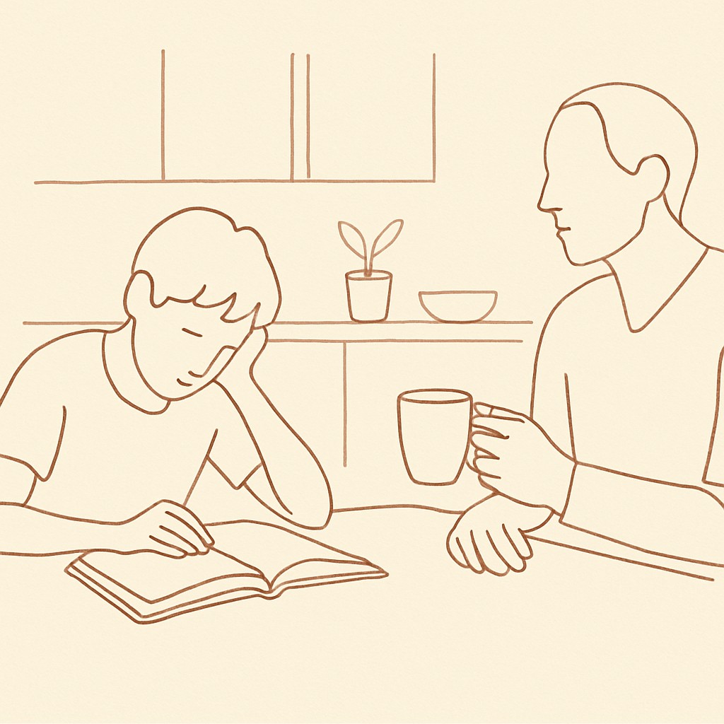 Line art of a teen at a kitchen table alone with a textbook, parent across with a coffee cup