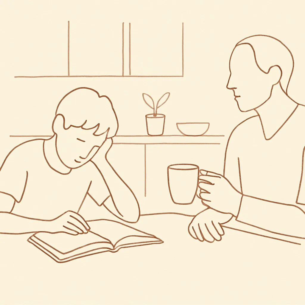 Line art of a teen at a kitchen table alone with a textbook, parent across with a coffee cup
