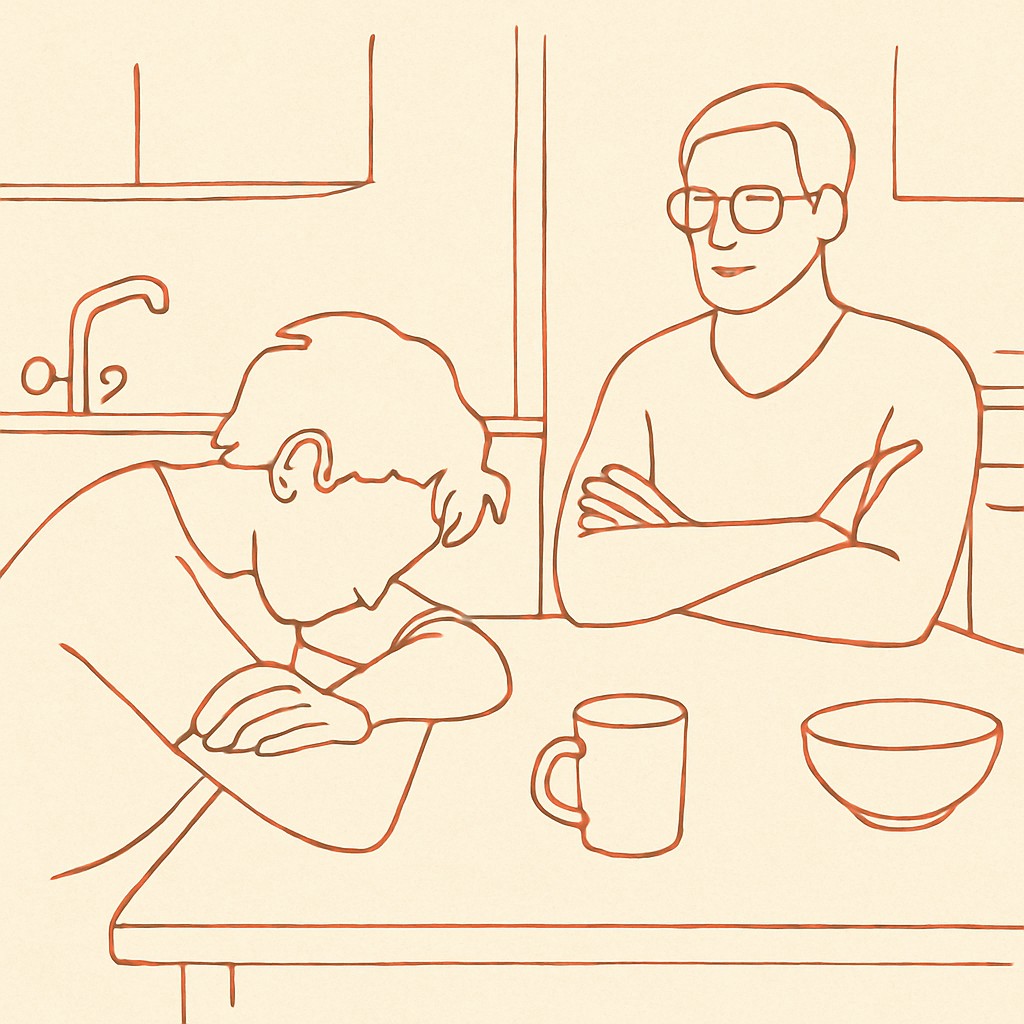 Line art of a teen sitting at a kitchen table, head down, parent across with arms folded