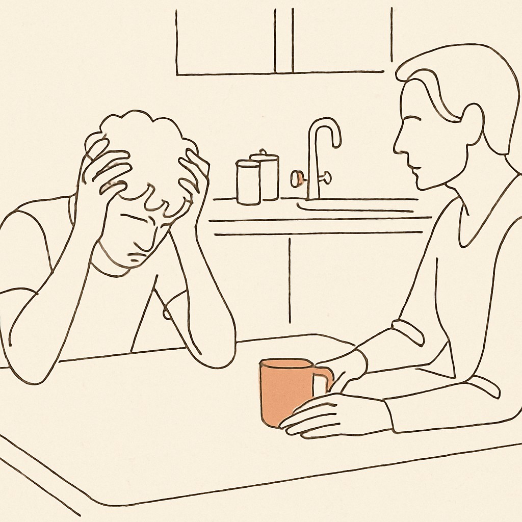 Line art of a teen at a kitchen table with hands on head, parent across
