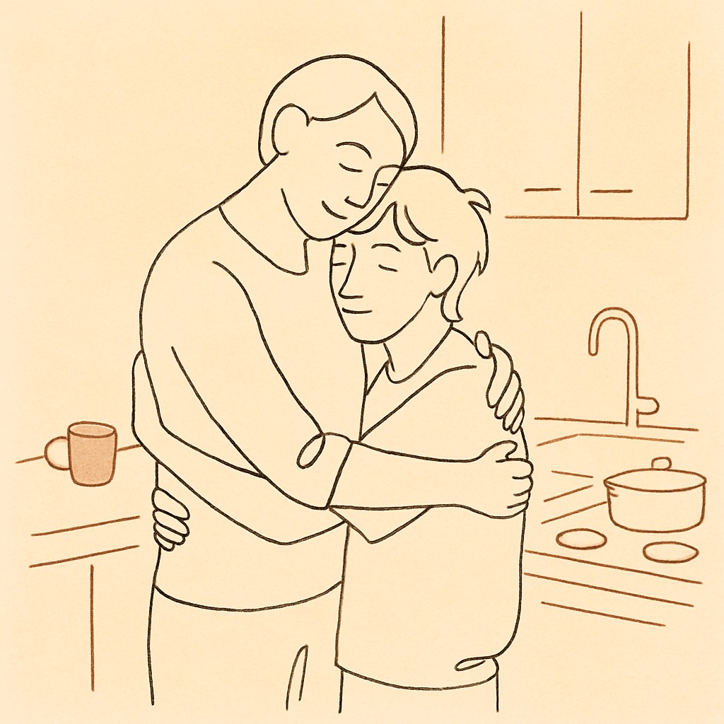 Line art of a parent and teen embracing in a kitchen, soft warm light
