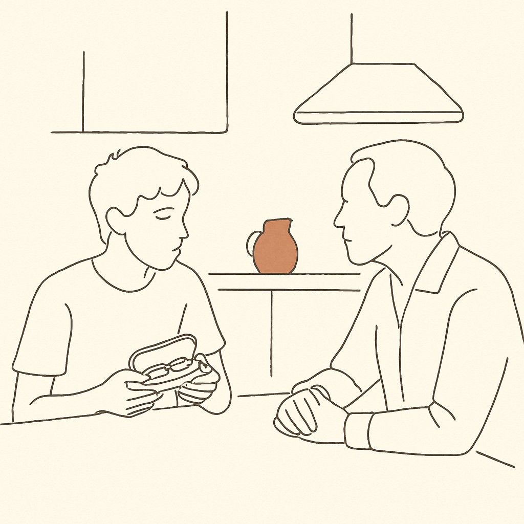 Line art of a teen at a kitchen counter holding a glasses case, parent across