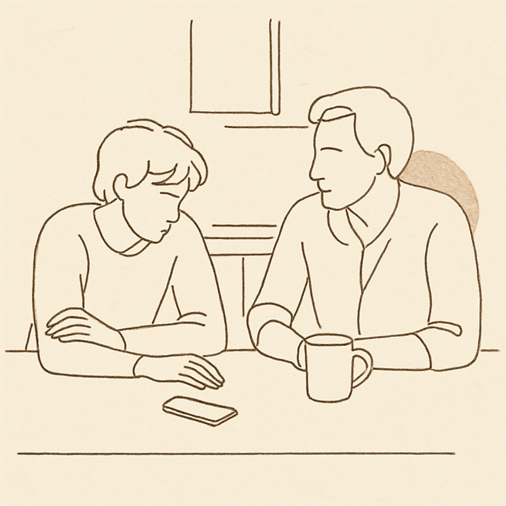 Line art of a teen and parent at a kitchen counter, a phone face down between them