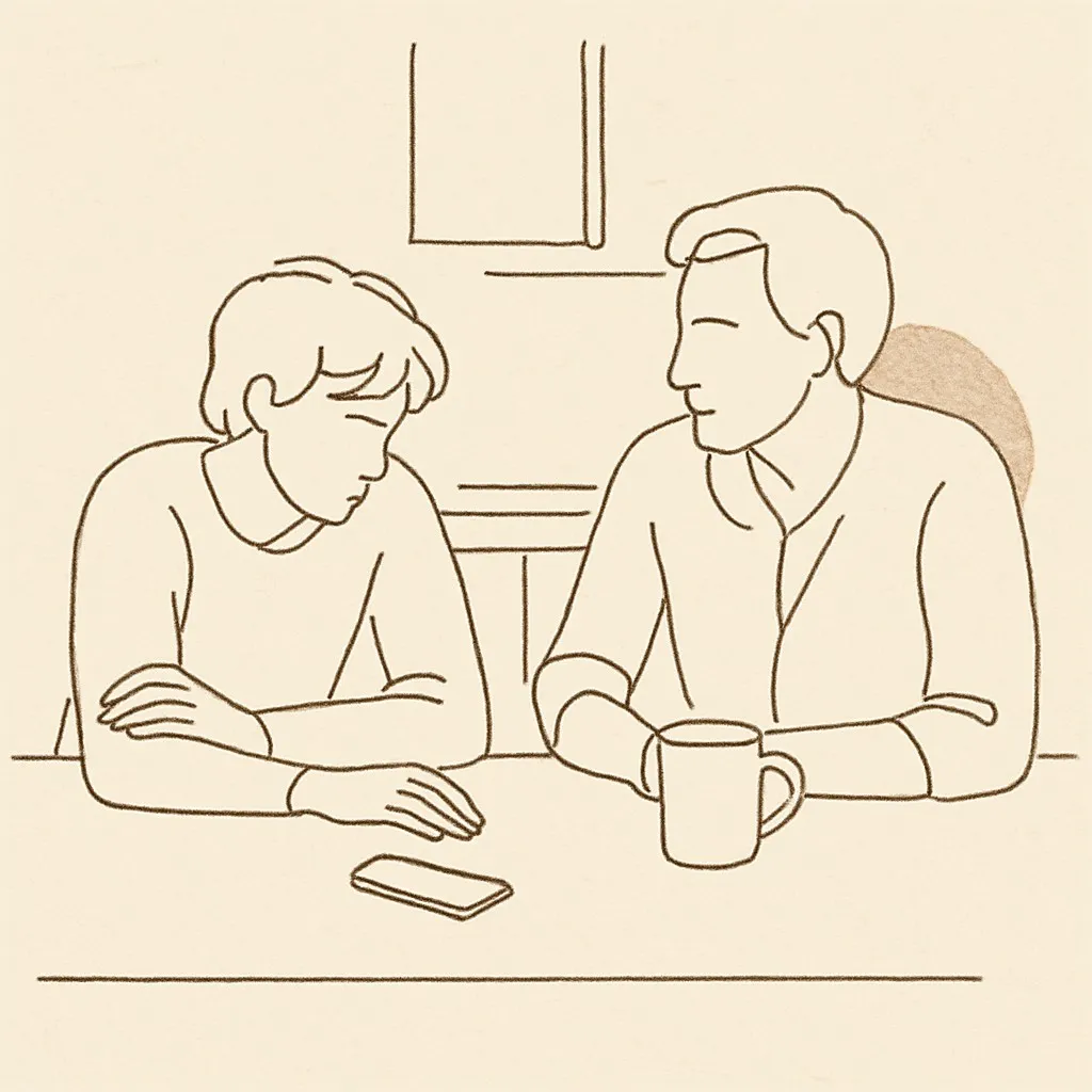 Line art of a teen and parent at a kitchen counter, a phone face down between them