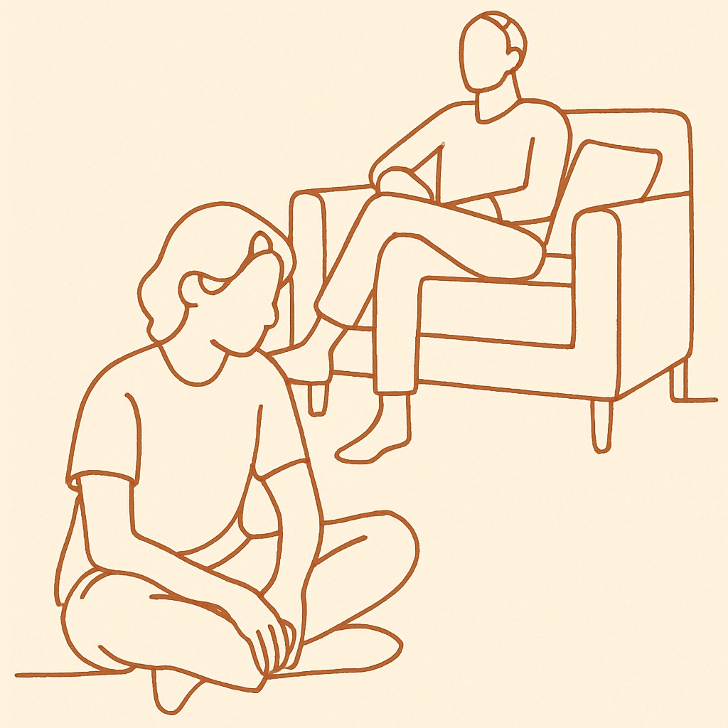 Line art of a teen sitting cross-legged on the floor at home, parent on a couch nearby