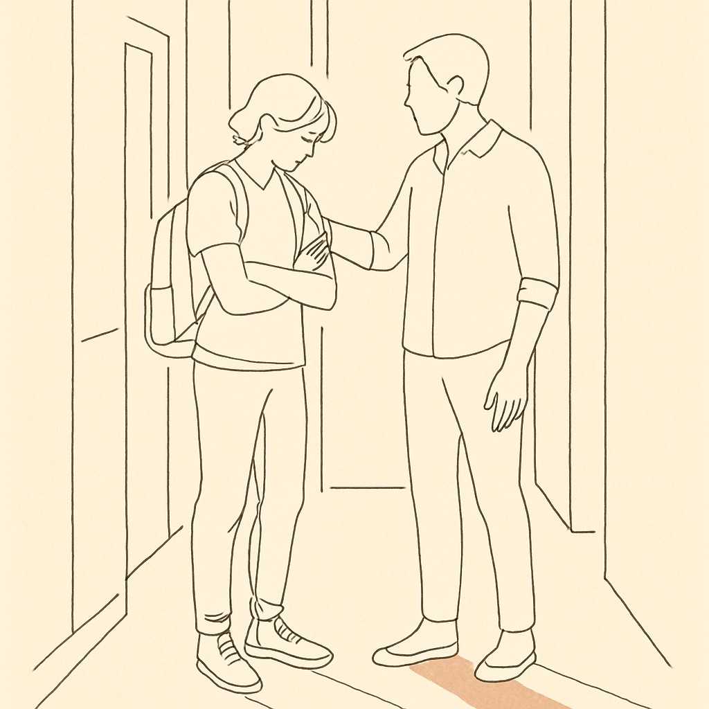 Line art of a teen and parent in a hallway, soft afternoon light