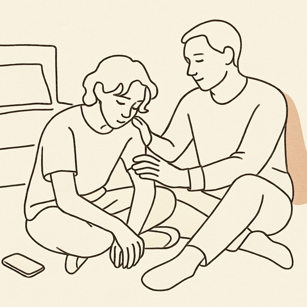 Line art of a teen on a bedroom floor with a phone face-down nearby, parent sitting beside