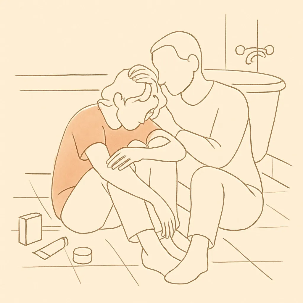 Line art of a teen and parent on a bathroom floor in soft warm light, supplies nearby