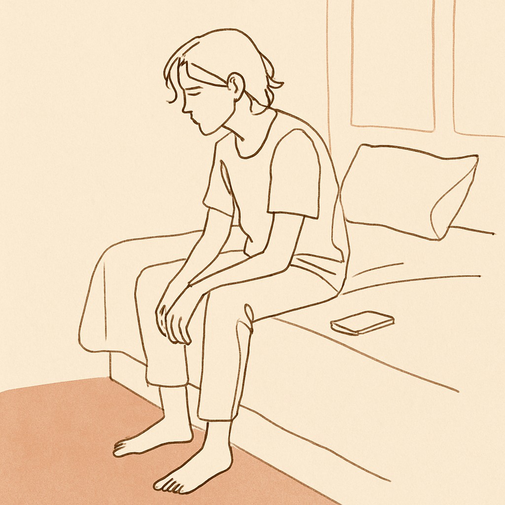 Line art of a teen sitting on the edge of a bed in dim afternoon light, phone face-down beside them