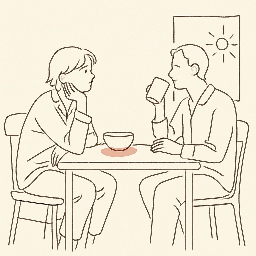 Line art of a teen at a kitchen table in pajamas, parent across with a coffee cup, morning light