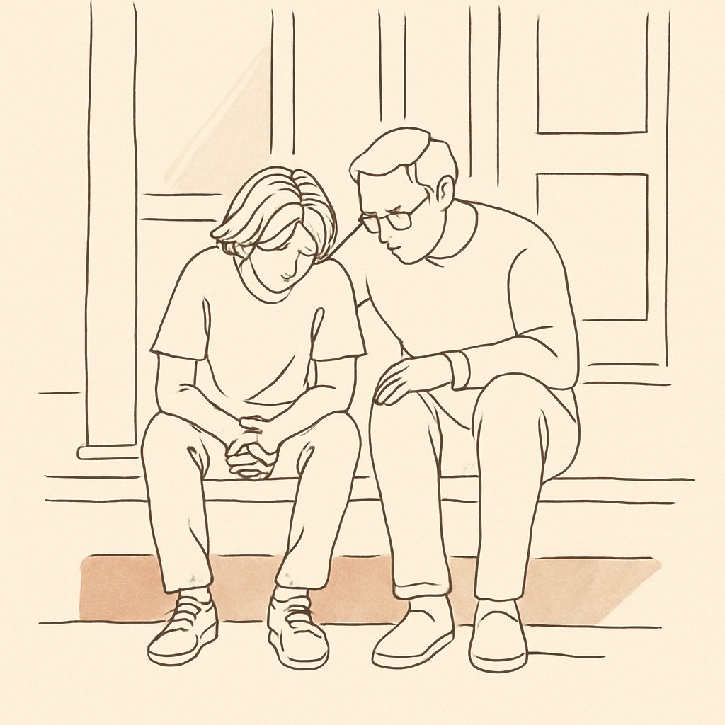 Line art of a teen and parent on a porch step in late afternoon light, both looking at the floor