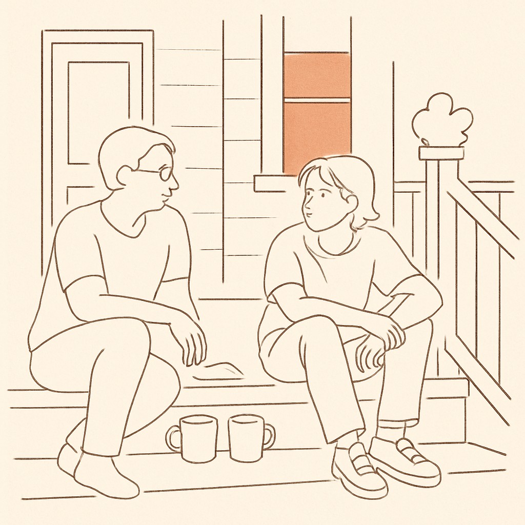 Line art of a teen and parent on a porch at dusk, two empty mugs between them