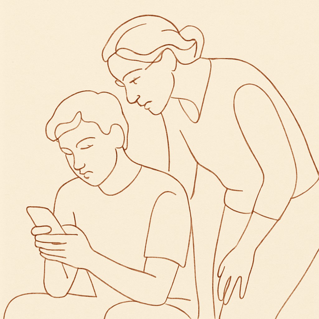 Line art of a teen holding a phone, a parent leaning over to look at the screen