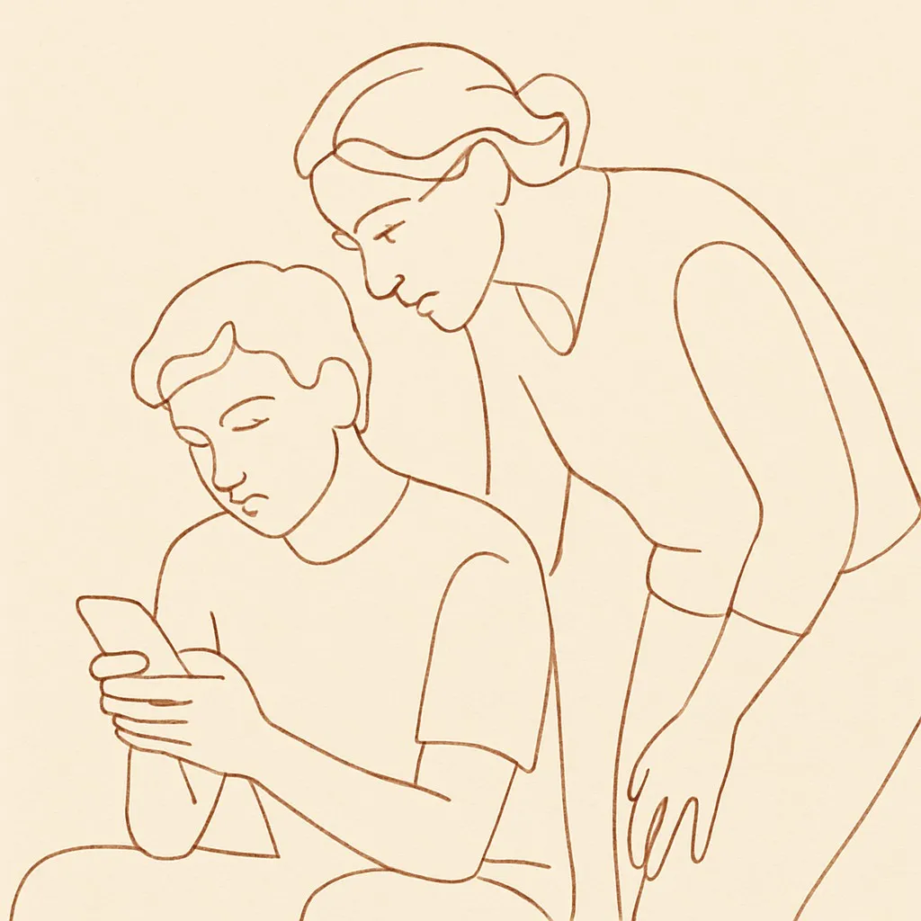 Line art of a teen holding a phone, a parent leaning over to look at the screen