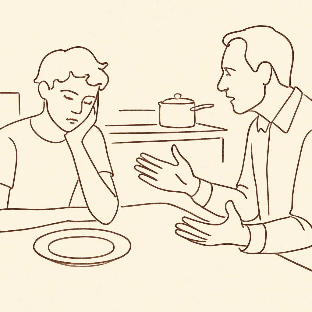 Line art of a teen at a kitchen table with an untouched plate, parent across with hands open