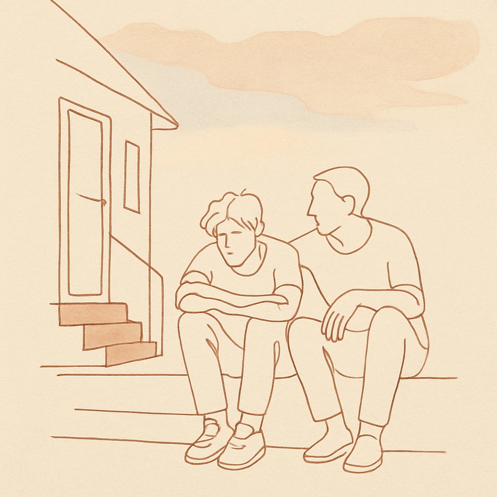 Line art of a teen and parent on the back steps of a house at dusk, soft sky above