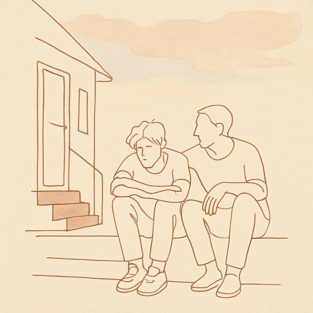 Line art of a teen and parent on the back steps of a house at dusk, soft sky above